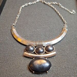 Silver-Tone Statement Necklace with Black Stone Accents